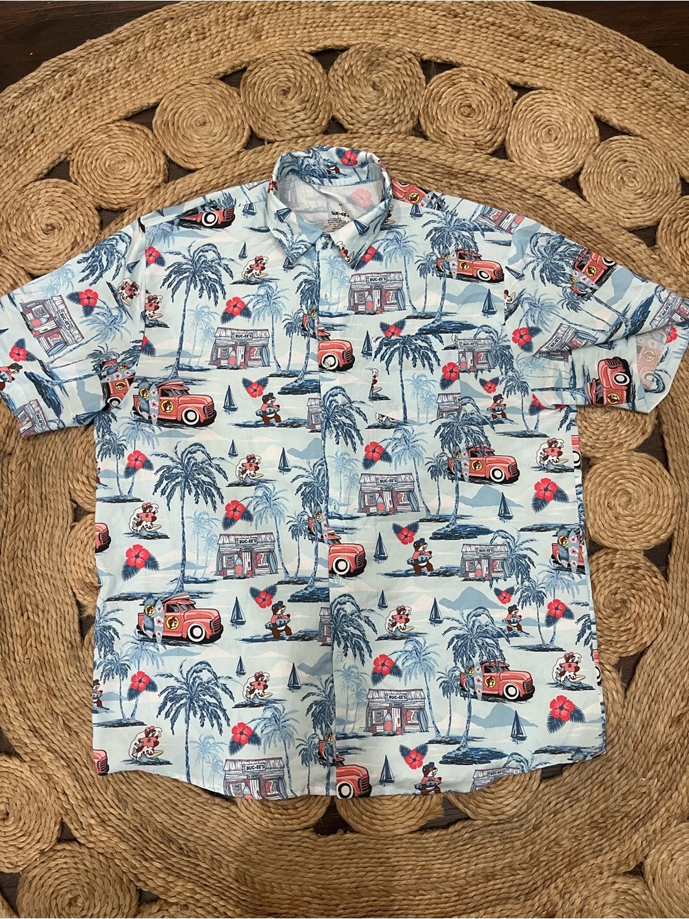 Buc-ee's Hawaiian Shirt Mens 2XL Blue Surf Floral Car Sail Beach Button Up